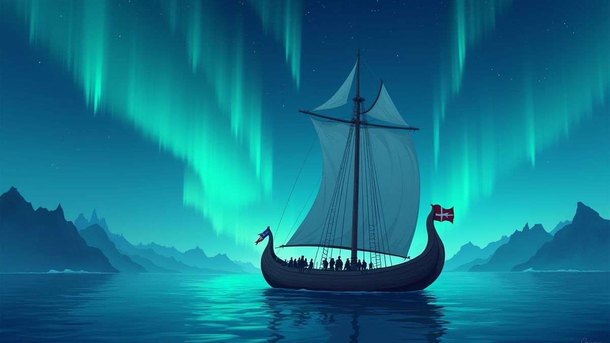 Barco vikingo navegando bajo las auroras boreales.