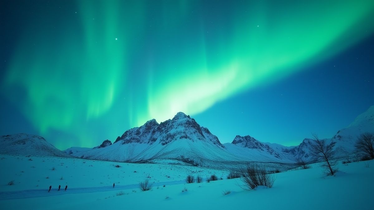 Auroras boreales brillando sobre una montaña nevada.