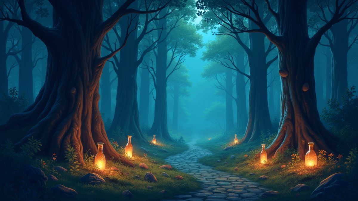 Ein verzauberter Wald mit leuchtenden Runen und verstreuten magischen Trankflaschen.