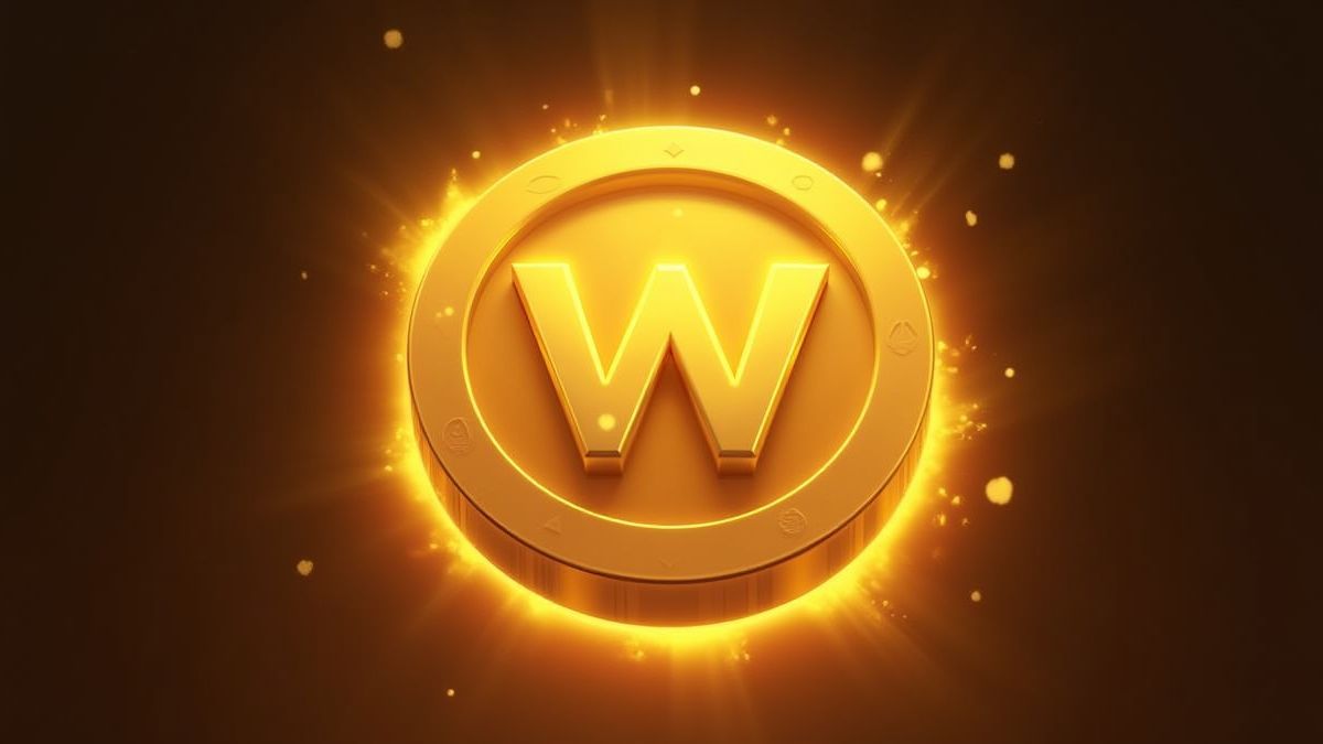 Magische goldene Münze mit einem 'W' und leuchtender Aura.