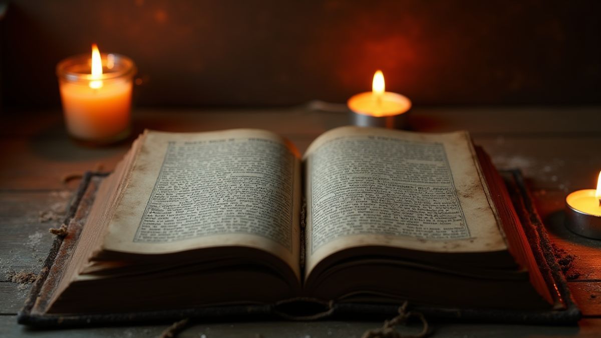 An ancient spellbook open on a wooden table, surrounded by lit candles and magical dust.