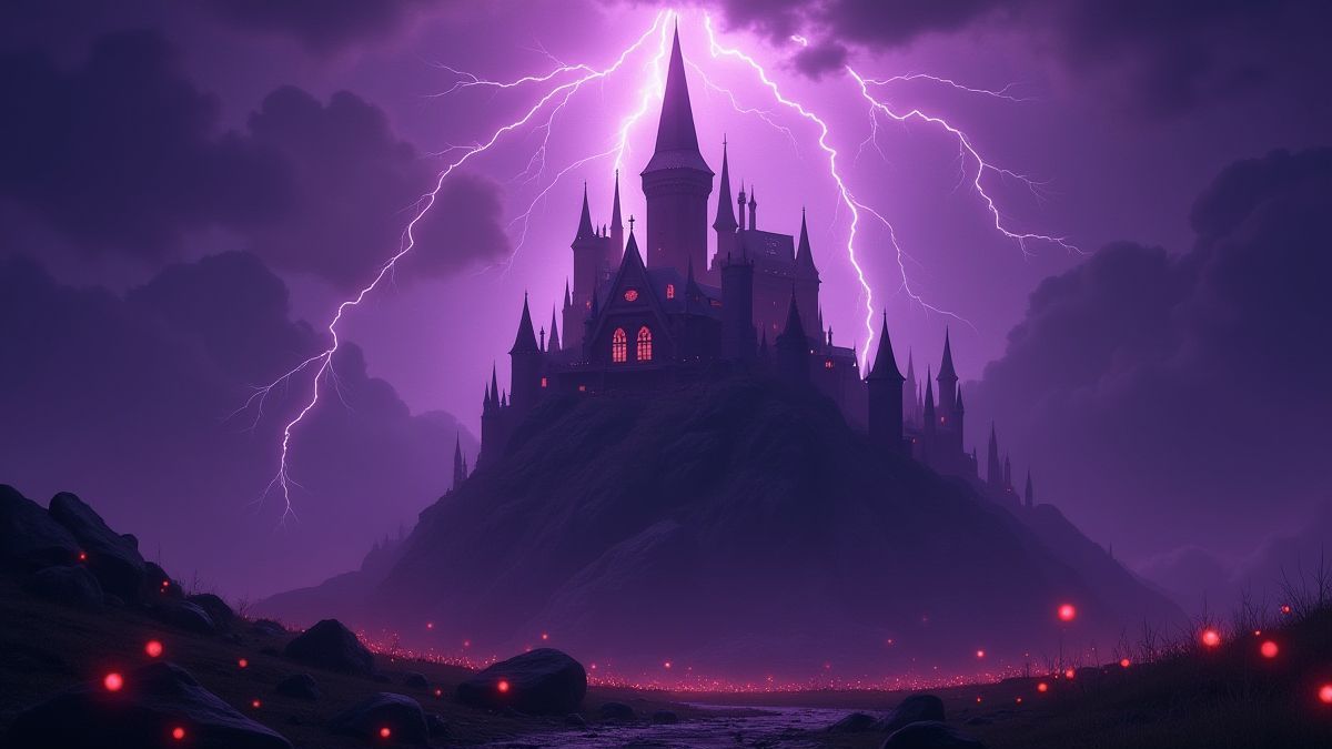 A dark purple sky with lightning over a mystical castle surrounded by glowing orbs.