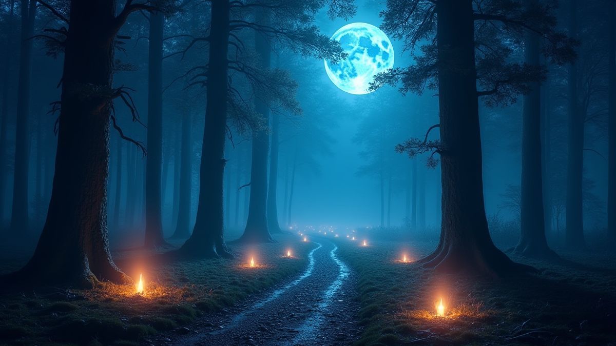 Bosque místico con objetos mágicos brillantes