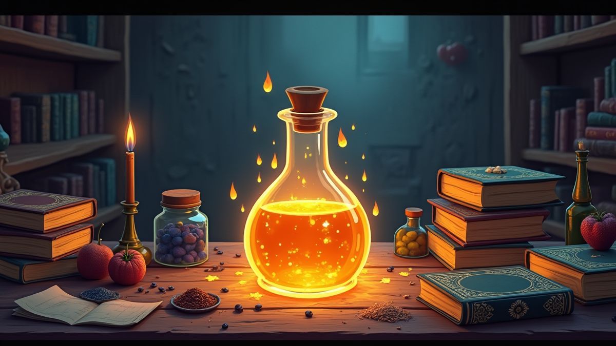 Botella de poción brillante rodeada de ingredientes mágicos