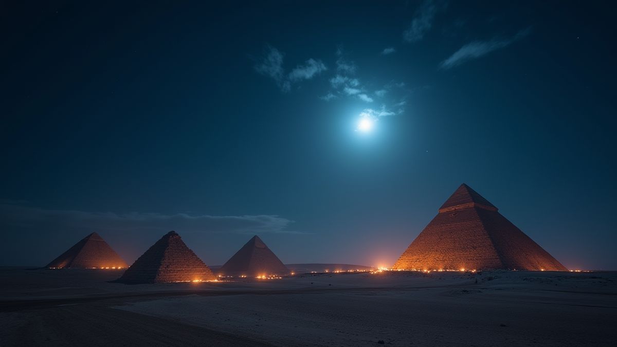 Eine Wüstennacht mit Pyramiden, die im Mondlicht leuchten.