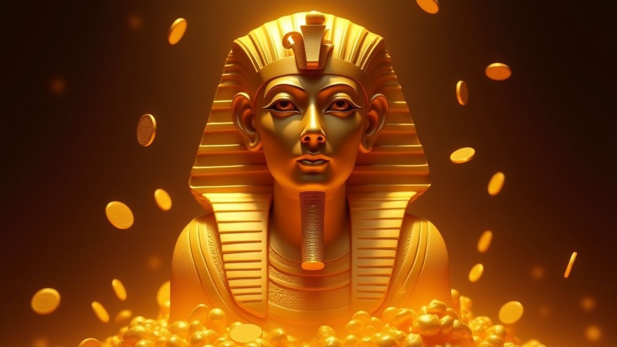 Monedas doradas cayendo alrededor de una estatua egipcia iluminada.