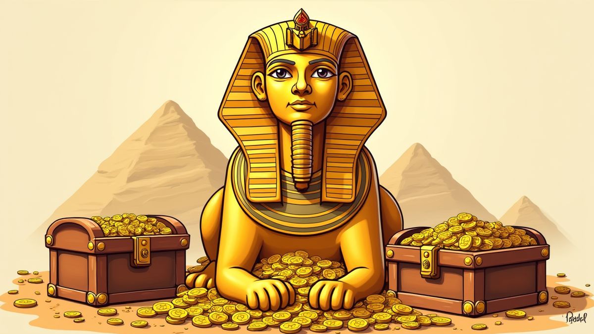 Estatua dorada de la Esfinge con cofres llenos de monedas de oro.