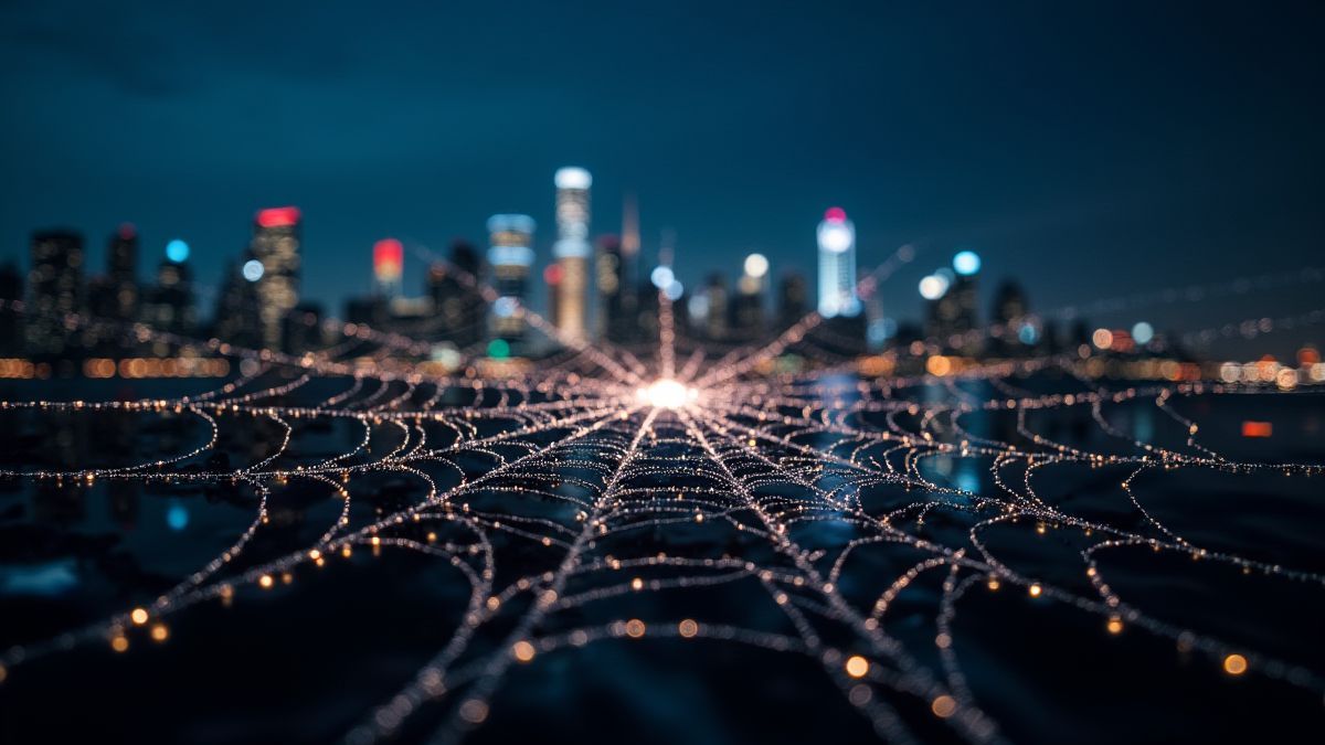 Illuminated spider web reminiscent of a nighttime urban landscape.