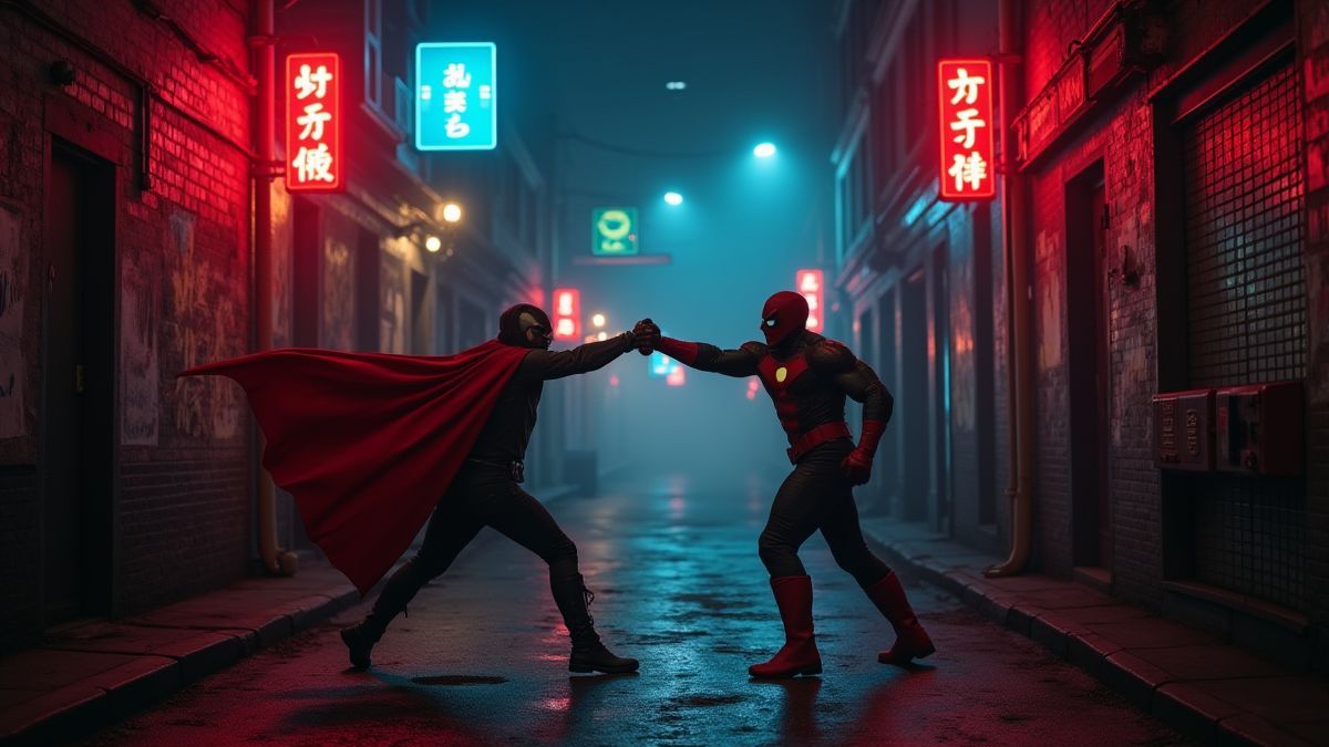 Superhero battling a villain in a dark alley with neon lights.