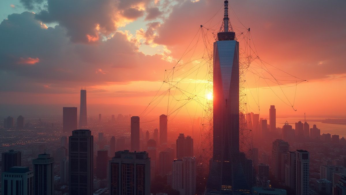 Rascacielos cubierto de telarañas al atardecer.