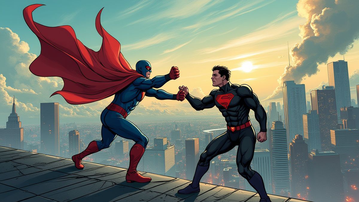 Superhéroe luchando contra un villano en una azotea.