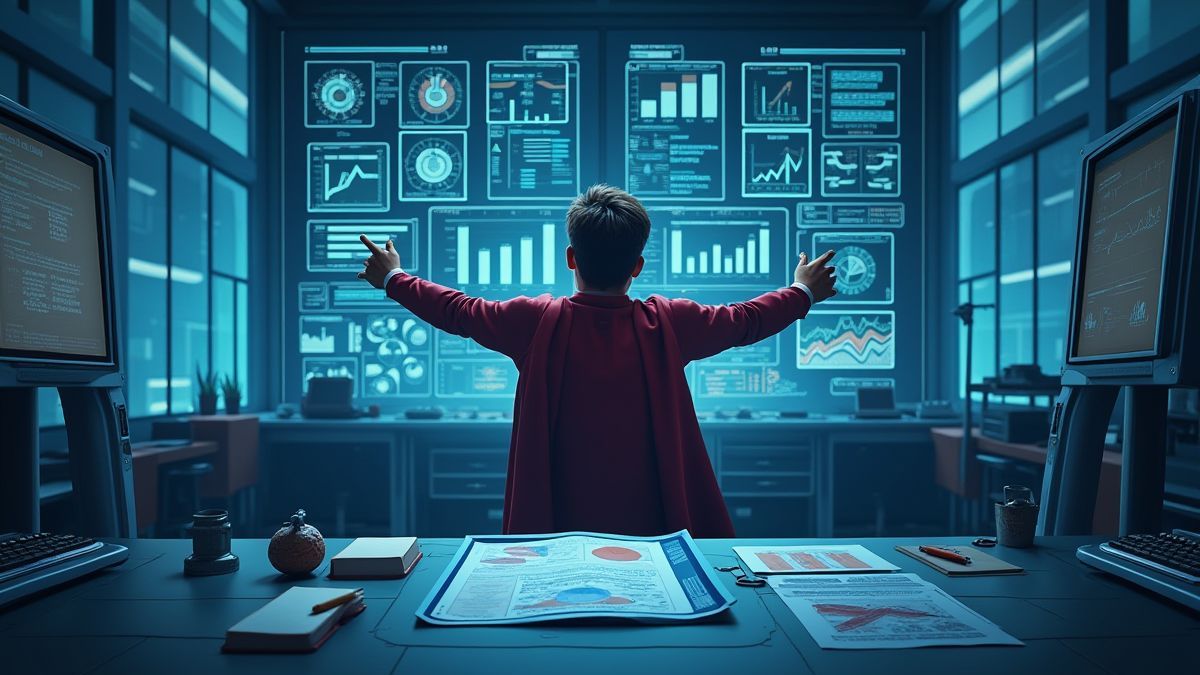 Superhéroe planificando estrategias en un laboratorio futurista.