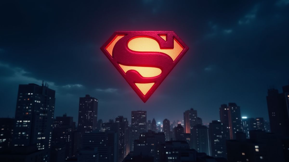 Un emblema de superhéroe brillando en el cielo nocturno sobre una ciudad.
