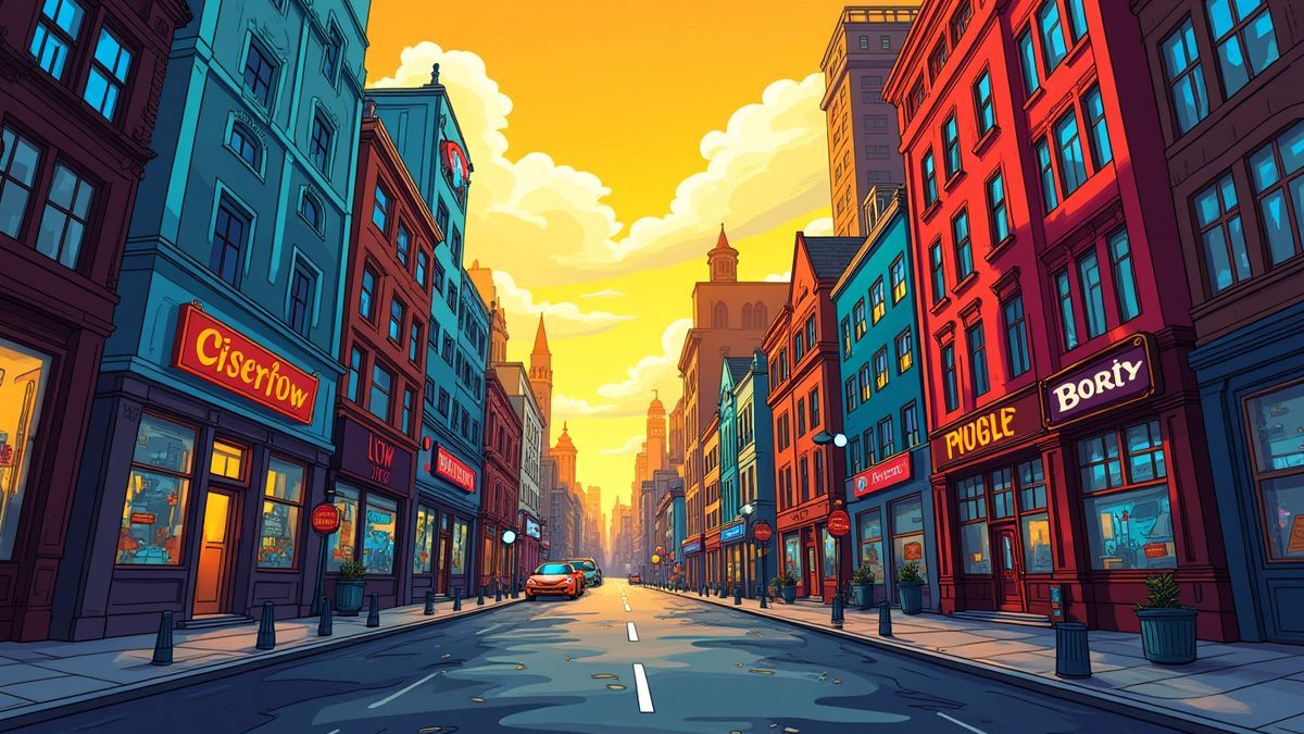 Una ciudad al estilo cómic con colores vibrantes y sombreados dramáticos.