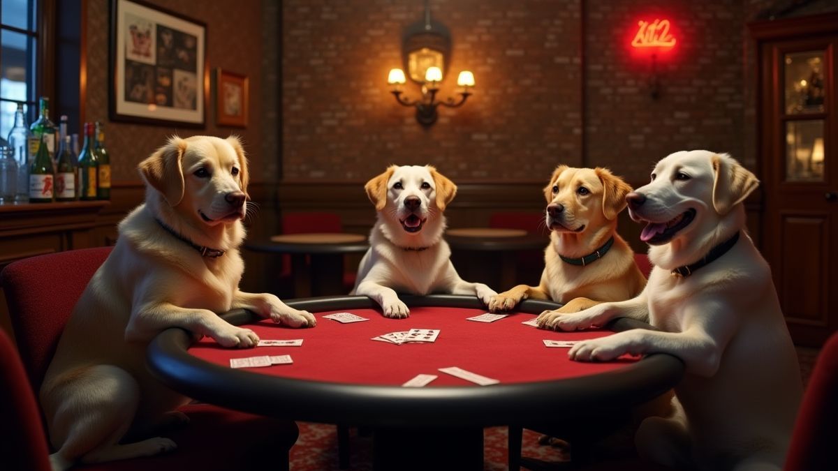 Gemütliche Bar mit Hunden, die Poker spielen.