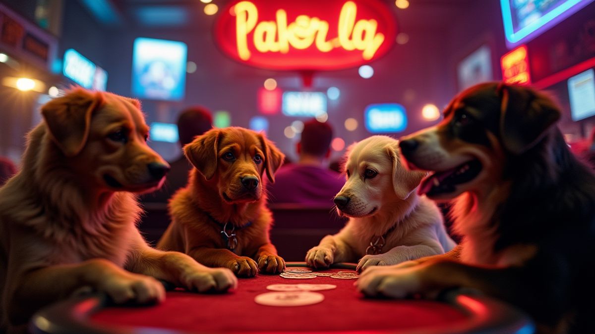 Hunde spielen Poker unter Neonlichtern.