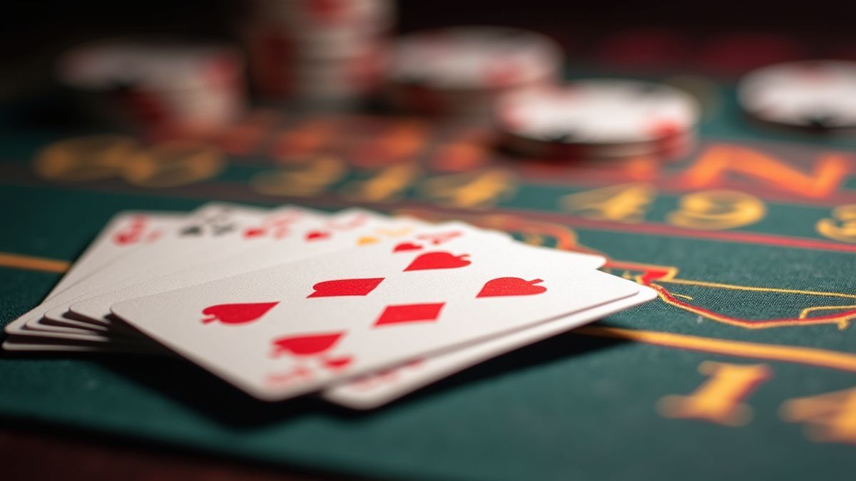 Ein Kartenspiel mit lebhaften Farben und Designs auf einem Casinotisch.