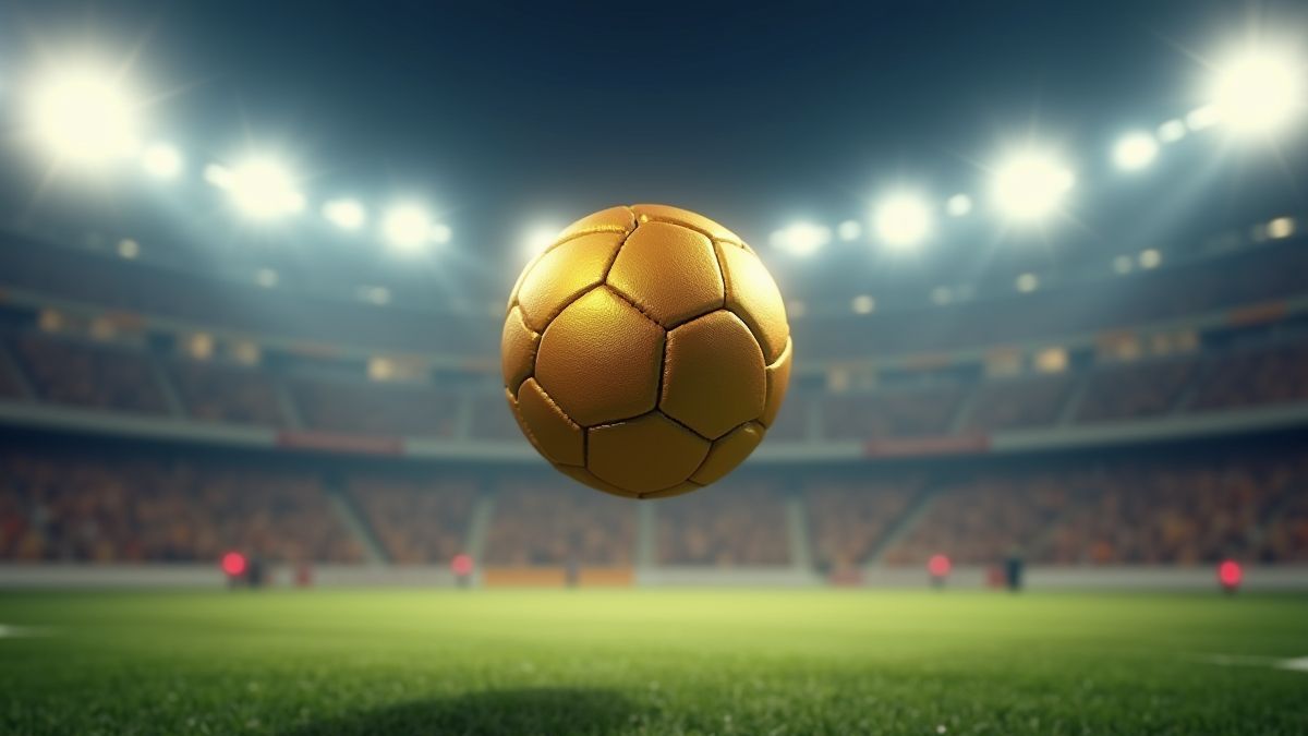 Animated golden ball in the air in a well-lit stadium.