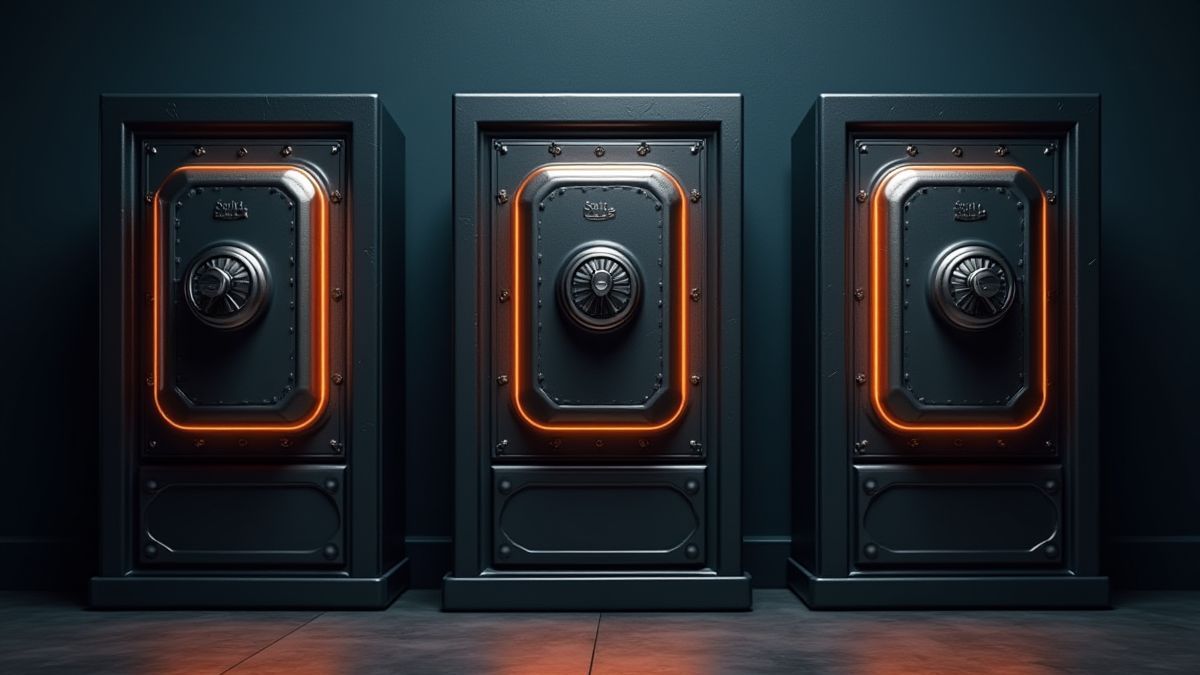 Três caixas fortes iluminadas, prontas para revelar prêmios misteriosos.