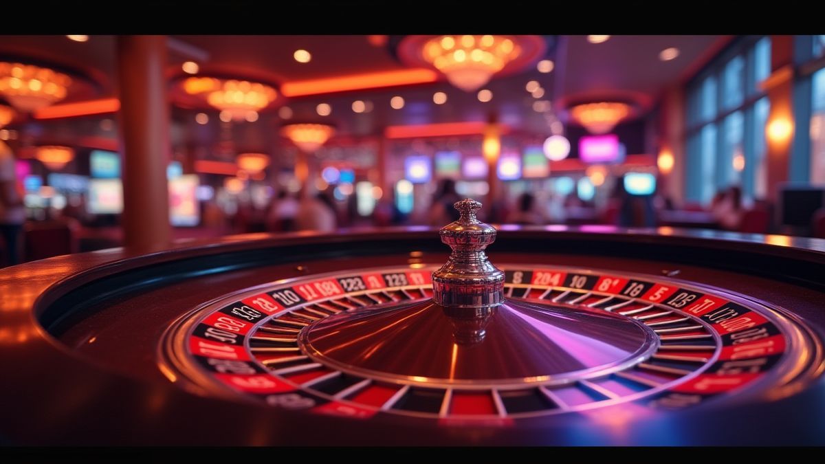 Cassino iluminado com uma roda de roleta gigante no centro
