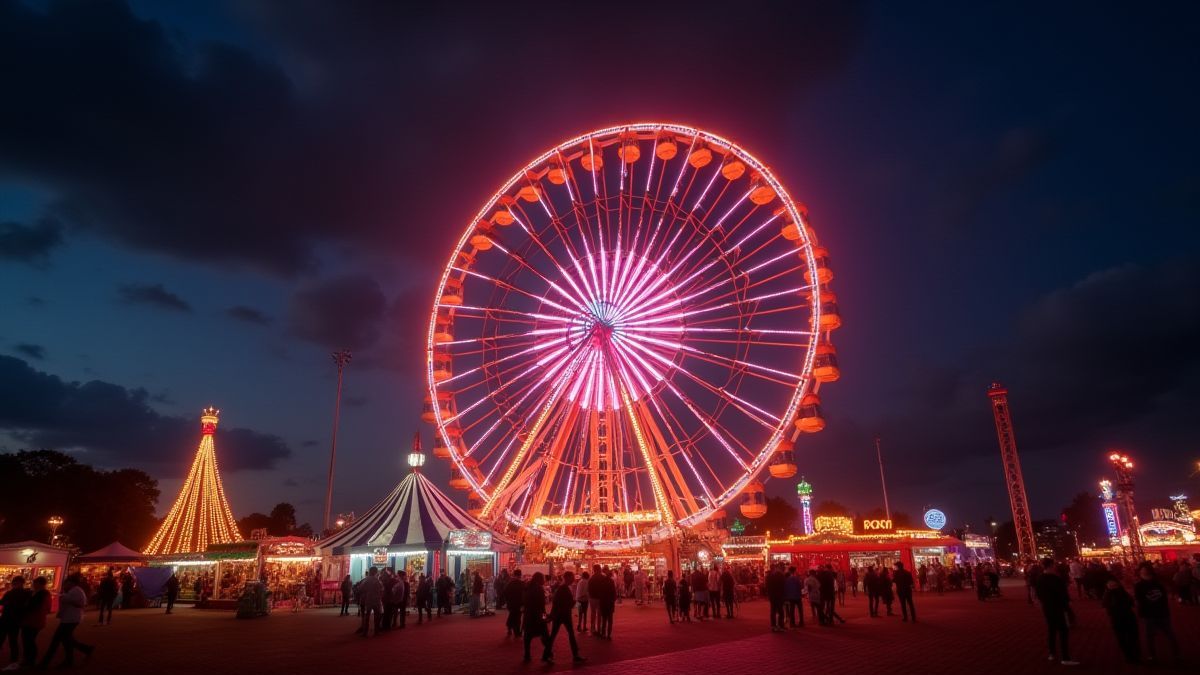 Luzes de feira brilhantes com uma roda giratória no centro