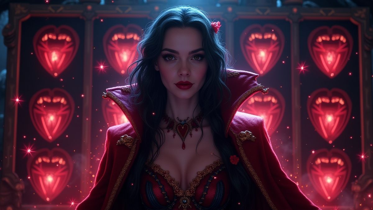 Um vampiro com efeitos mágicos sobre um carretel de slot.