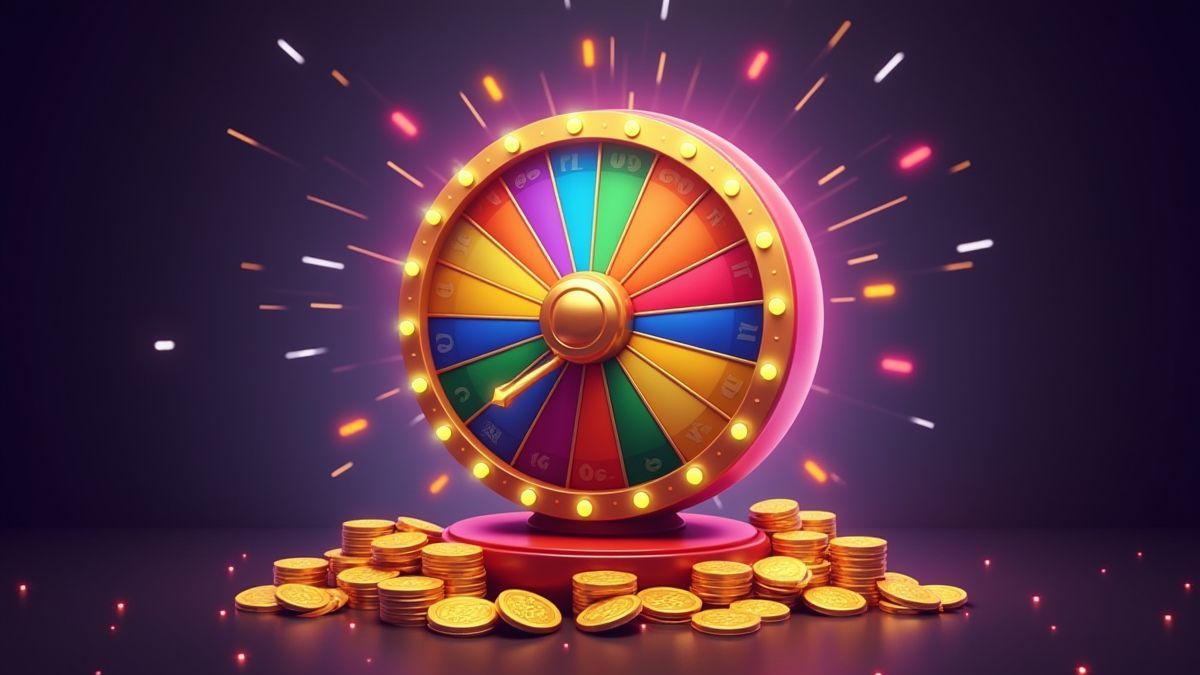 Rueda giratoria colorida rodeada de monedas y luces brillantes.
