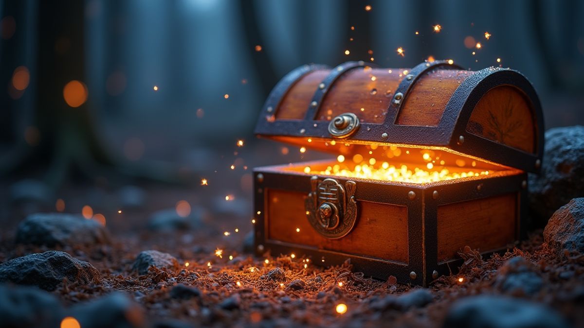 Een magische schatkist die gloeit in een fantasieomgeving