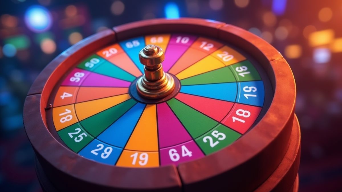 Eine bunte drehende Rad in einem Casino-Umfeld.