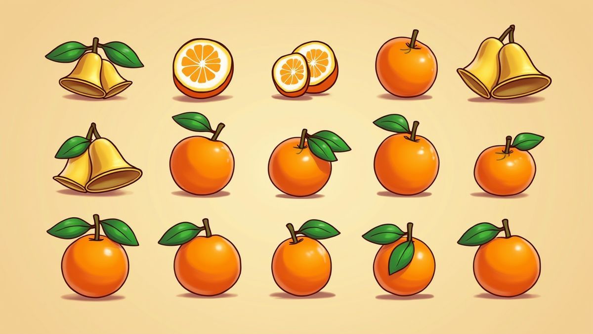 Klassische Spielautomaten-Symbole wie Glocken und Orangen.