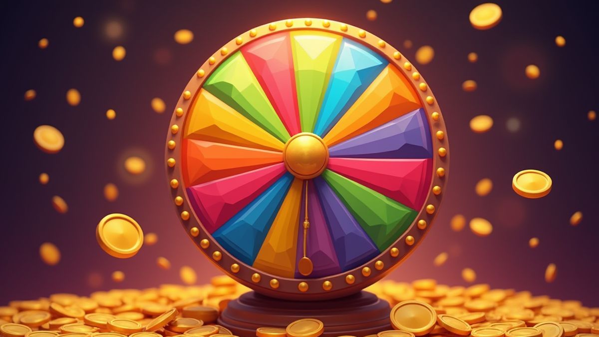 Roda da fortuna animada com moedas e cores vibrantes.
