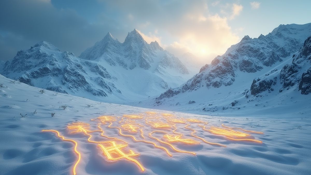 Verschneite Berglandschaft mit leuchtenden goldenen magischen Runen auf dem Boden.