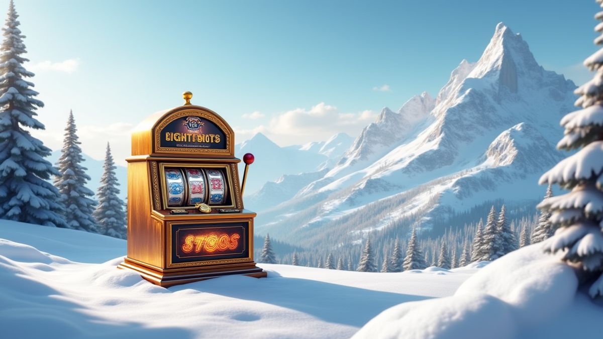 Spielautomat mit goldenem Rahmen in einer verschneiten Berglandschaft.