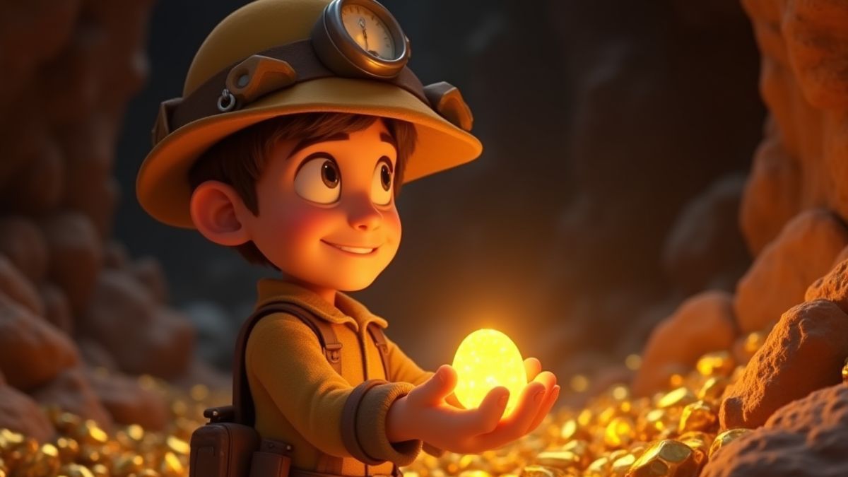 A miner in a cave holding a shiny gold nugget surrounded by treasures.