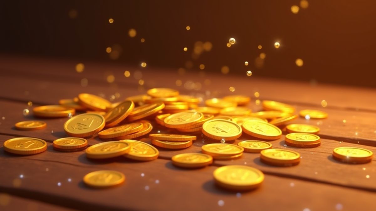 Gold coins scattered on a wooden table with sparkling gems.