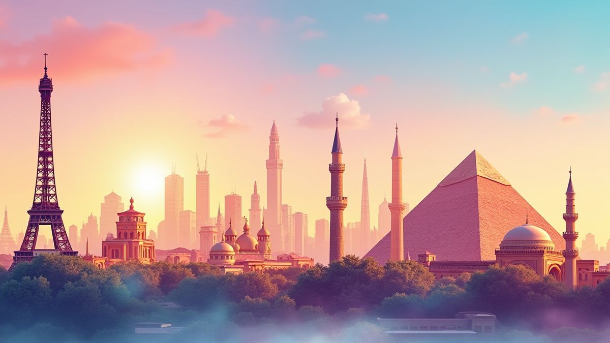 Monumente wie der Eiffelturm und die Pyramiden mit einem bunten Hintergrund.