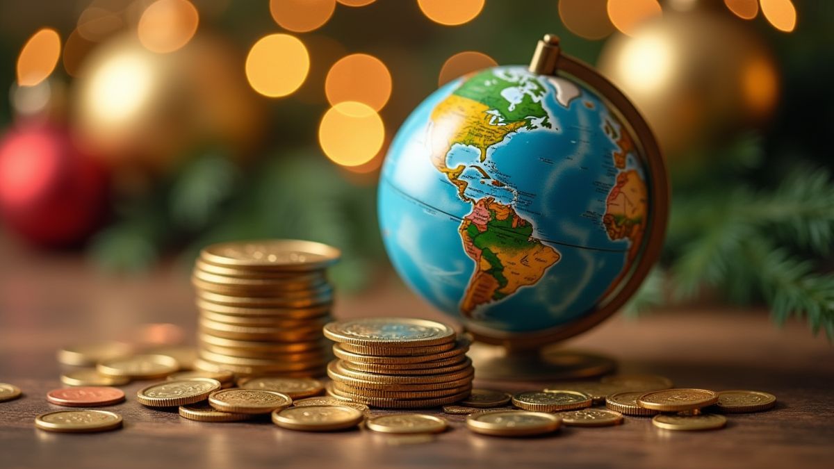Münzen und ein Globus mit einem festlichen Hintergrund.