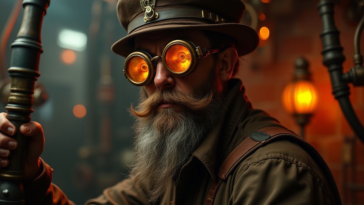 Inventor steampunk con gafas y engranajes brillantes