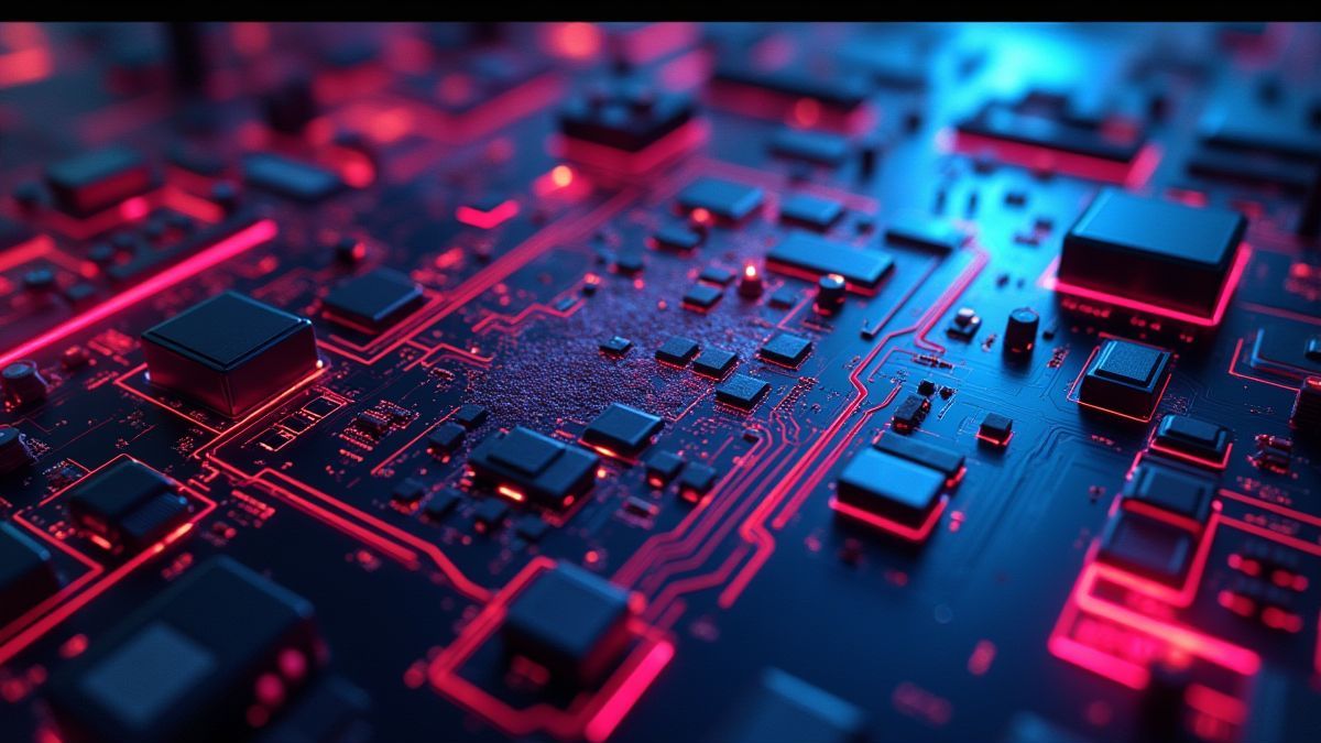 Neon lights and digital circuits in a futuristic setting.