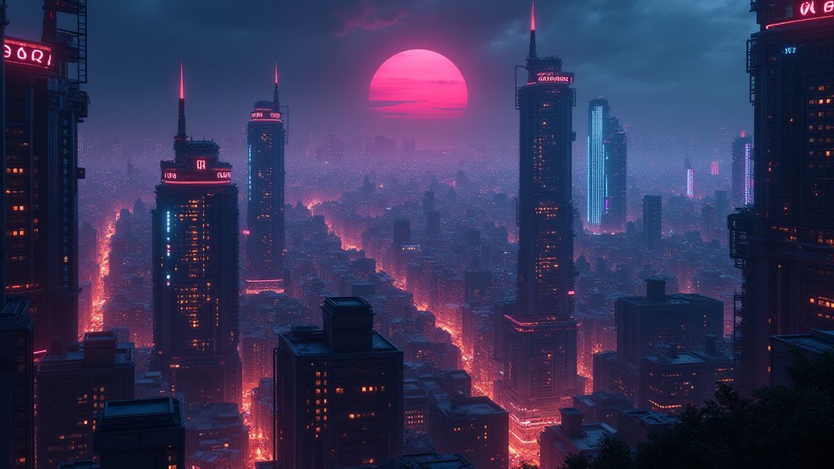 Futuristic cityscape with bright neon lights.