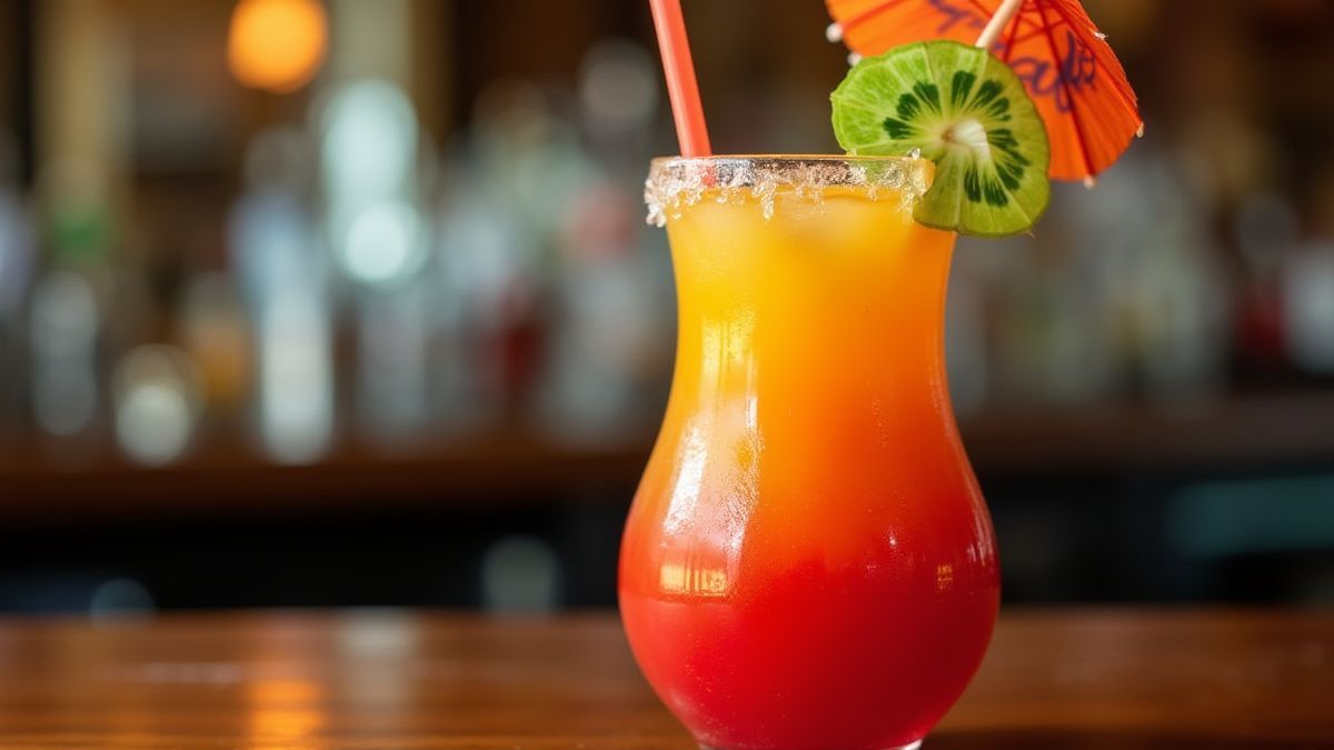 Cocktail tropical vibrant sur un bar en bois