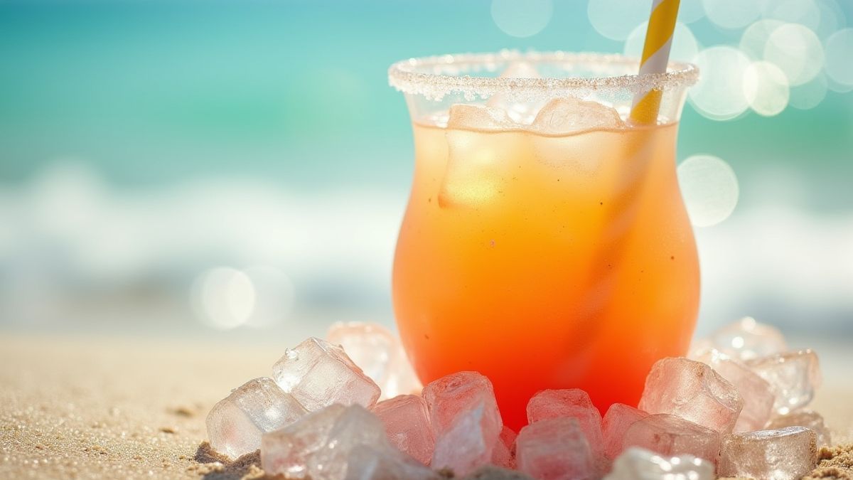 Boisson tropicale congelée entourée de cubes de glace