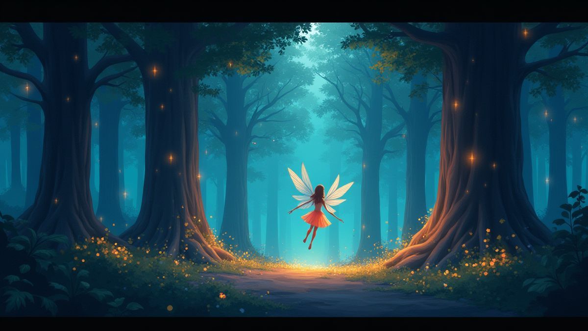 Bosque mágico con luces brillantes y una hada volando.