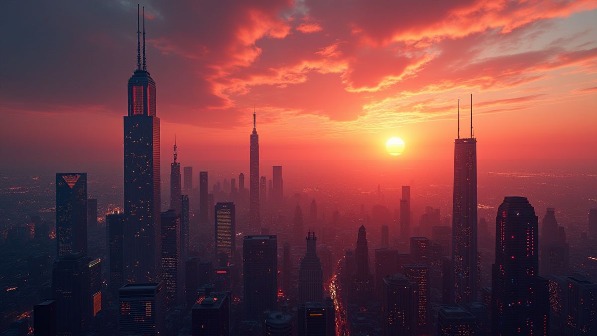 Ciudad futurista al atardecer con rascacielos y luces brillantes.