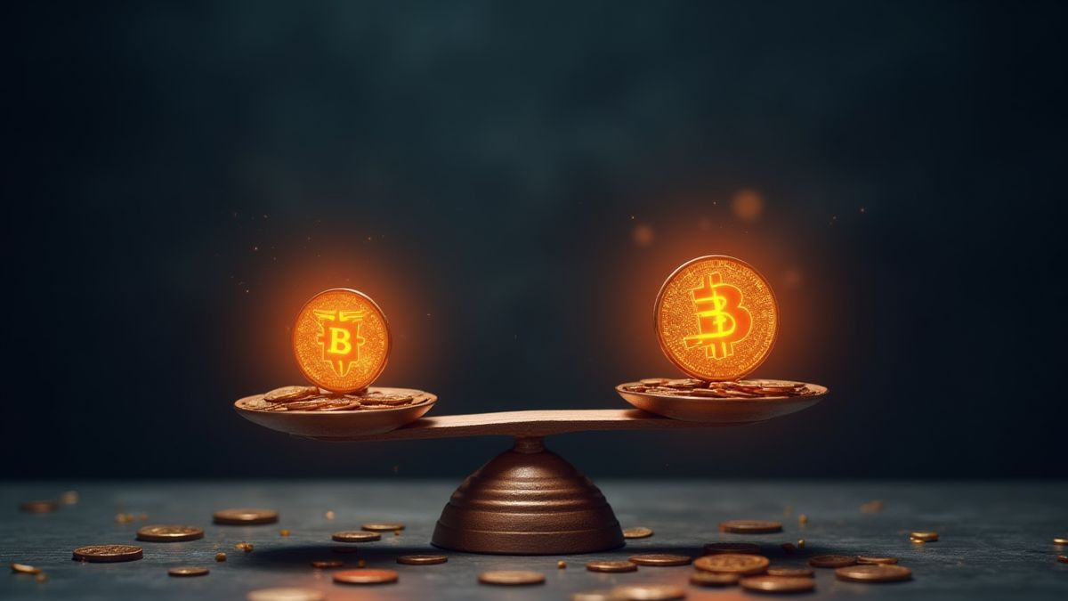 Balanza con símbolos luminosos y monedas.