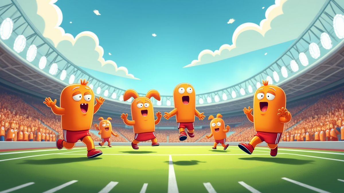 Animated football stadium with orange characters playing and cheering.