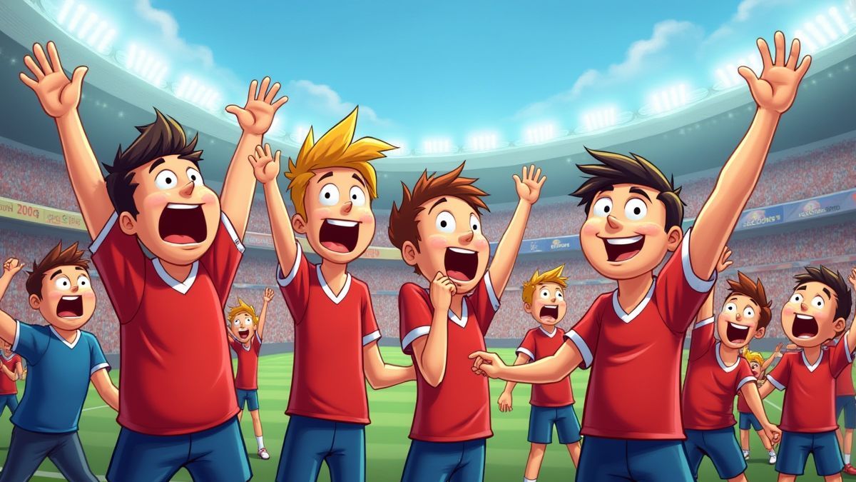 Animated football fans in a colorful stadium.