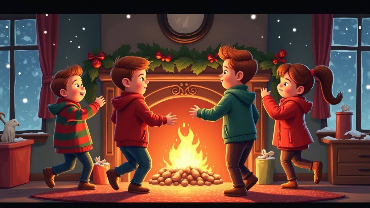Personagens animados dançando ao redor de uma lareira com neve do lado de fora da janela.
