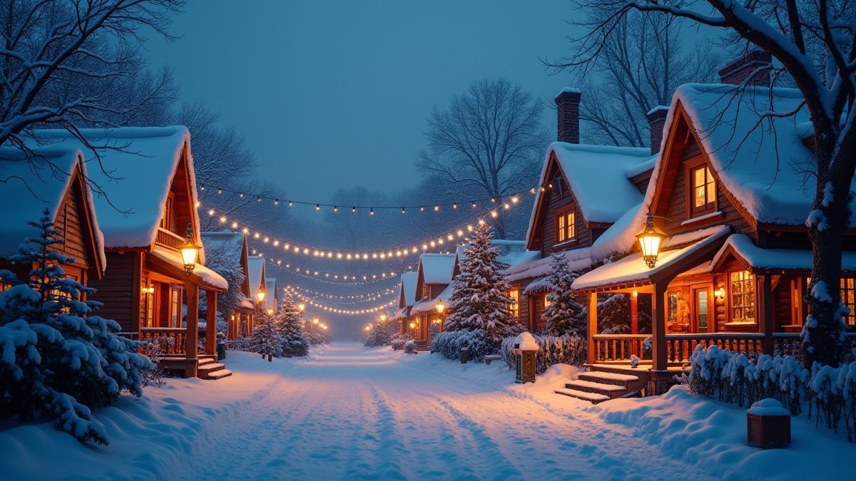 Uma aldeia natalina coberta de neve com lanternas brilhantes e decorações festivas.