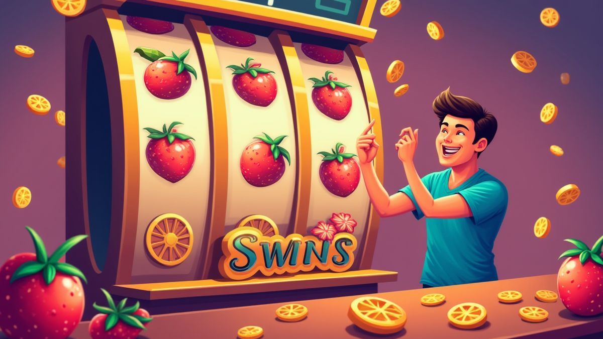 Spieler, der einen Sieg in einem fruchtigen Slot-Setting feiert.